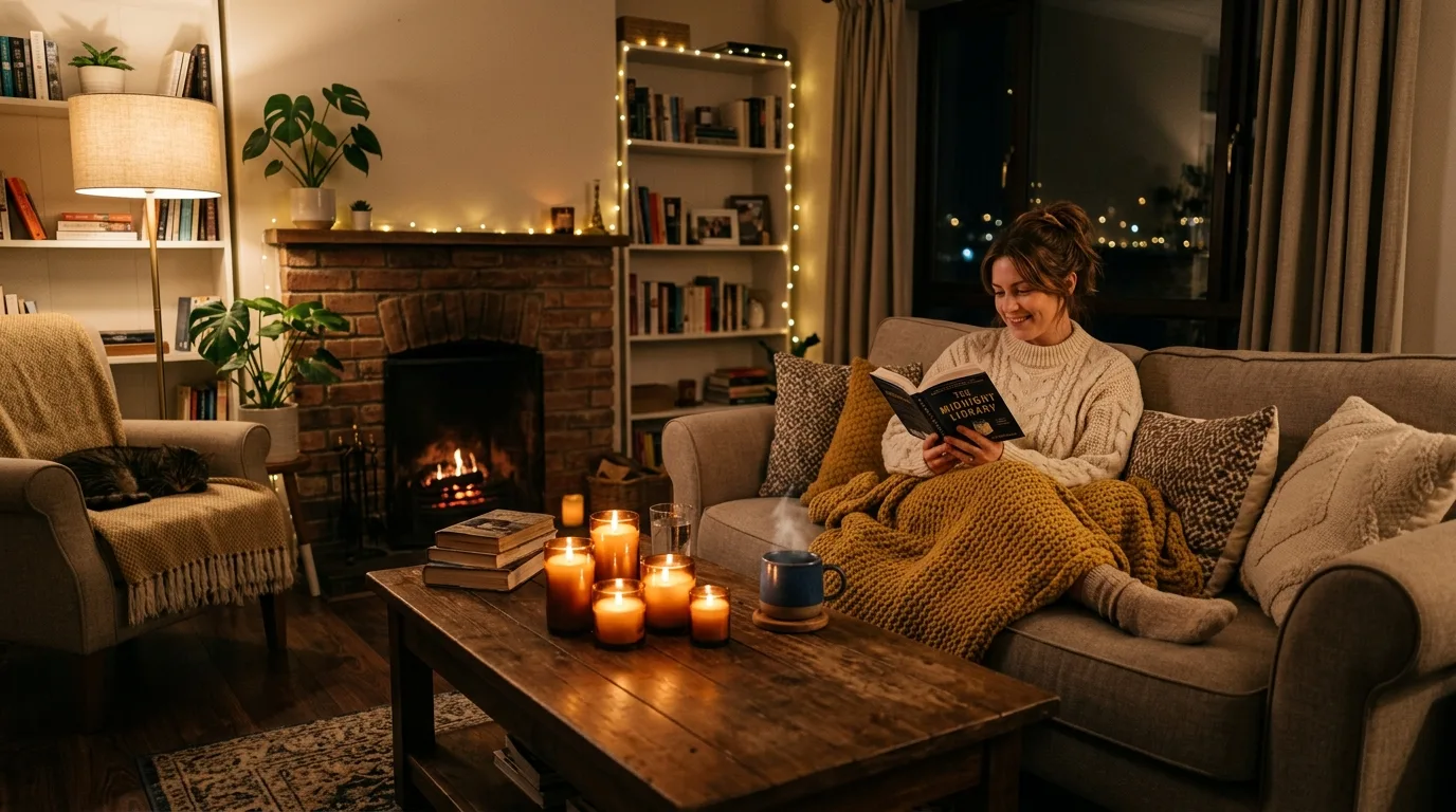 Warm evening living room with soft lighting